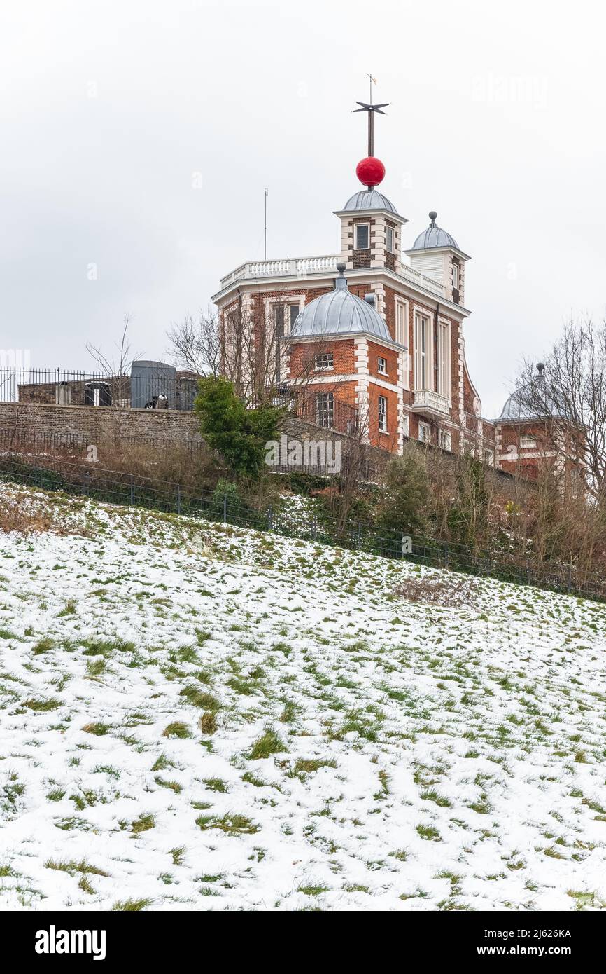 Royal Observatory, Greenwich, in London covered in snow in a cold winter day Stock Photo