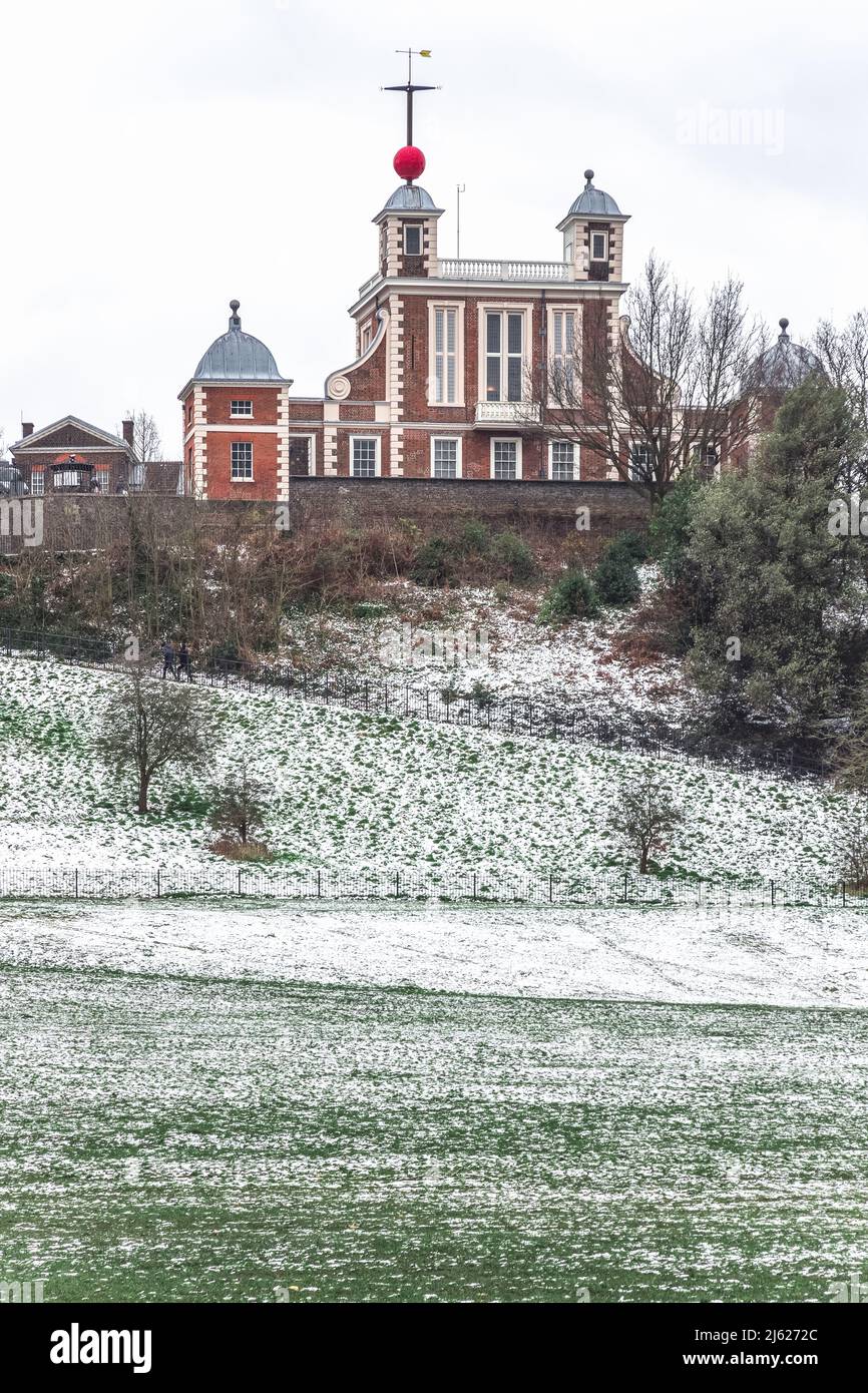 Royal Observatory, Greenwich, in London covered in snow in a cold winter day Stock Photo