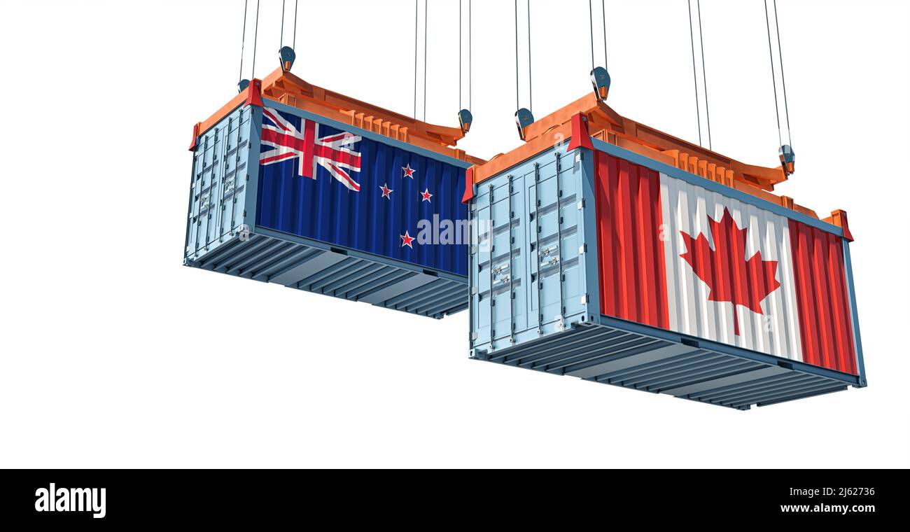 Cargo containers with New Zealand and Canada national flags. 3D
