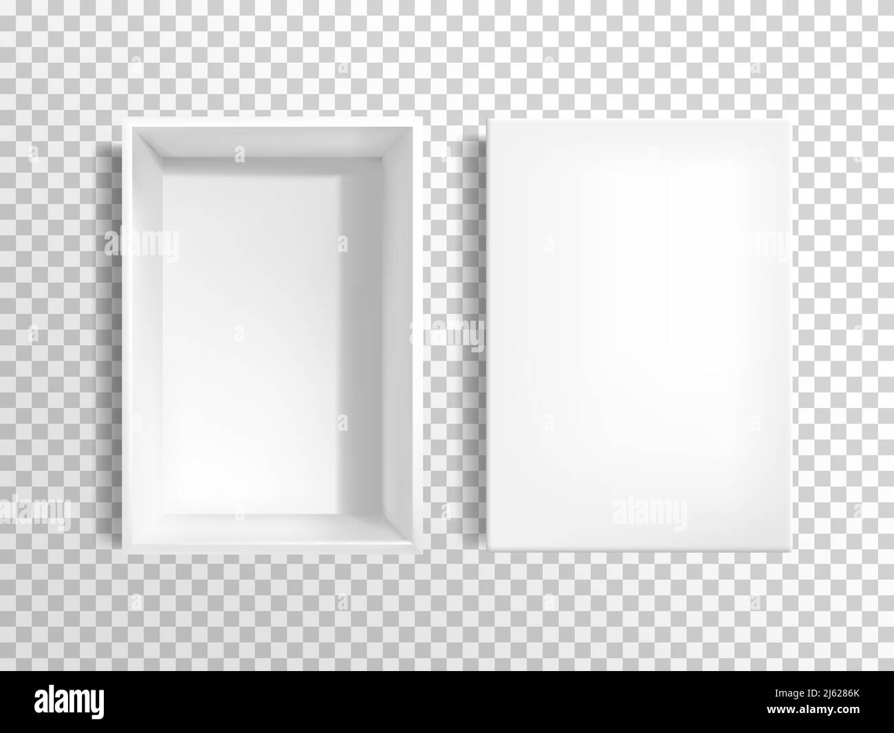 Opened, blank white, rectangular, empty cardboard box with removed lid, top view 3d realistic vector template isolated on transparent background. Prod Stock Vector