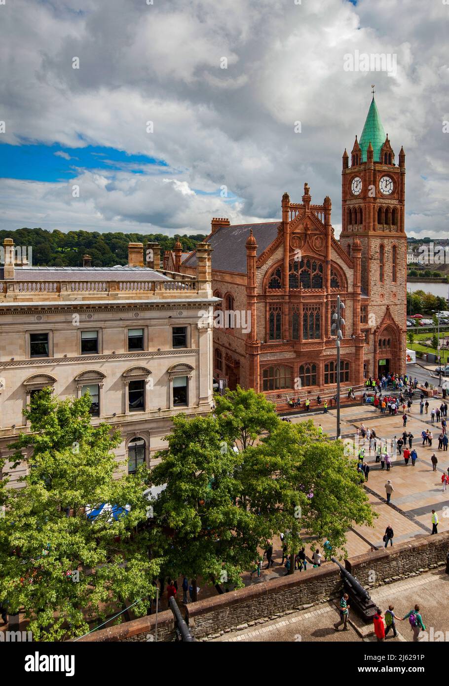 The Guildhall and Guildhall Square from the Tower Museum in Derry City, County Derry, Northern Ireland Stock Photo