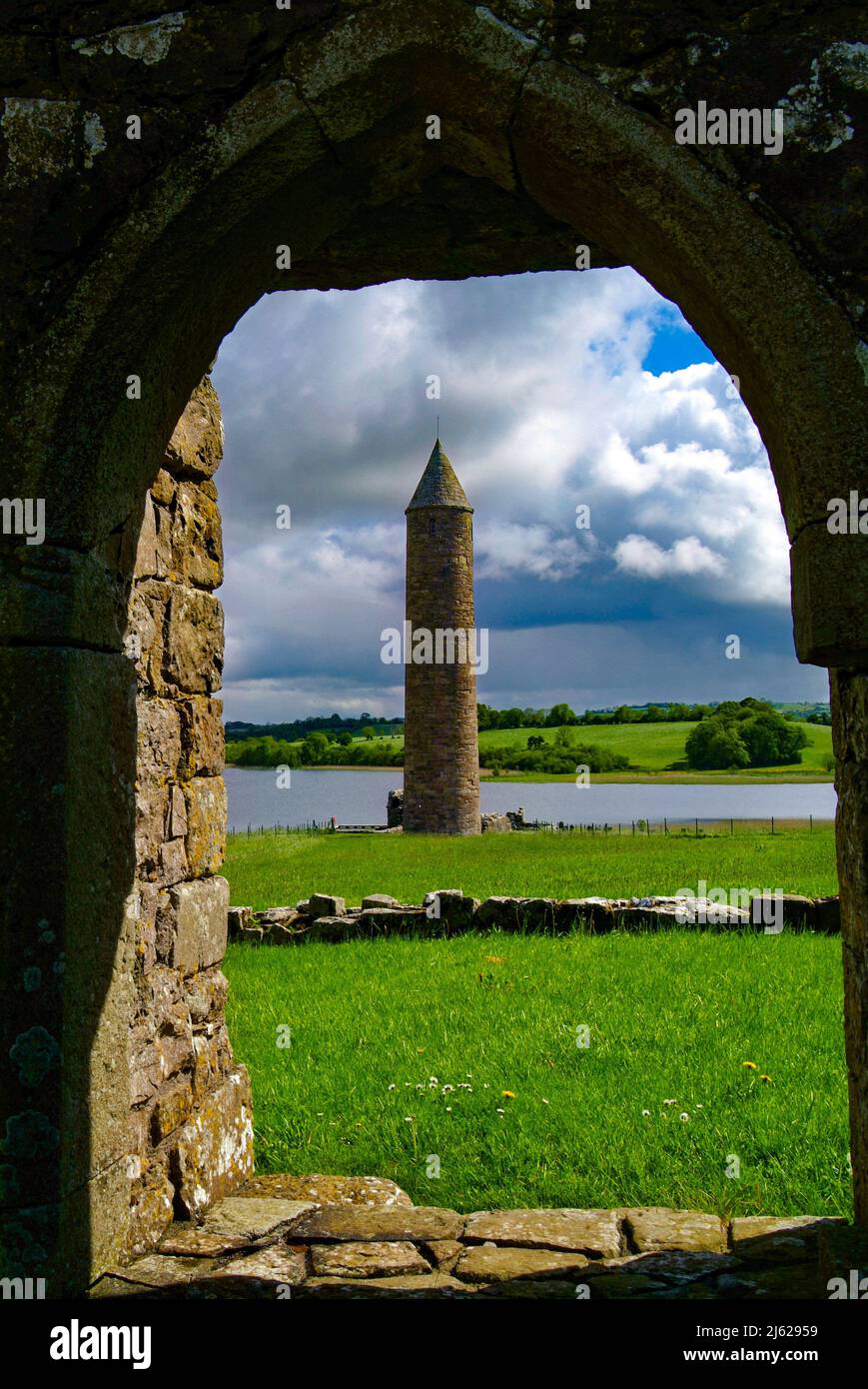 The Round Tower at Devenish Island, Enniskillen, Lower Lough Erne, County Fermanagh, Northern Ireland Stock Photo
