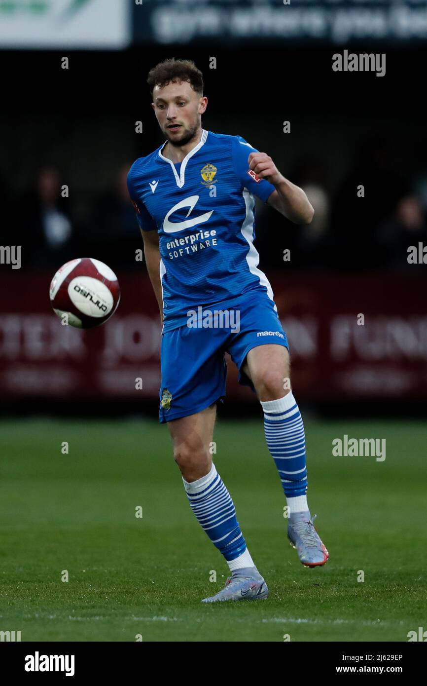 SOUTH SHIELDS, UK. APR 26TH Edmond Clarke of Warrington Town in action during the Northern Premier League Premier Play Off Semi Final match between South Shields and Warrington Town at Mariners Park, South Shields on Tuesday 26th April 2022. (Credit: Will Matthews | MI News) Credit: MI News & Sport /Alamy Live News Stock Photo