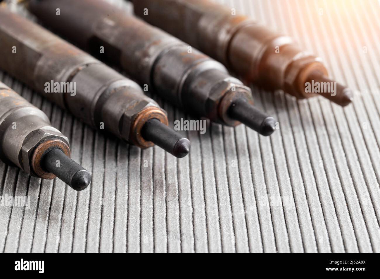 Mechanical injectors from a diesel engine, closeup. Fuel atomization