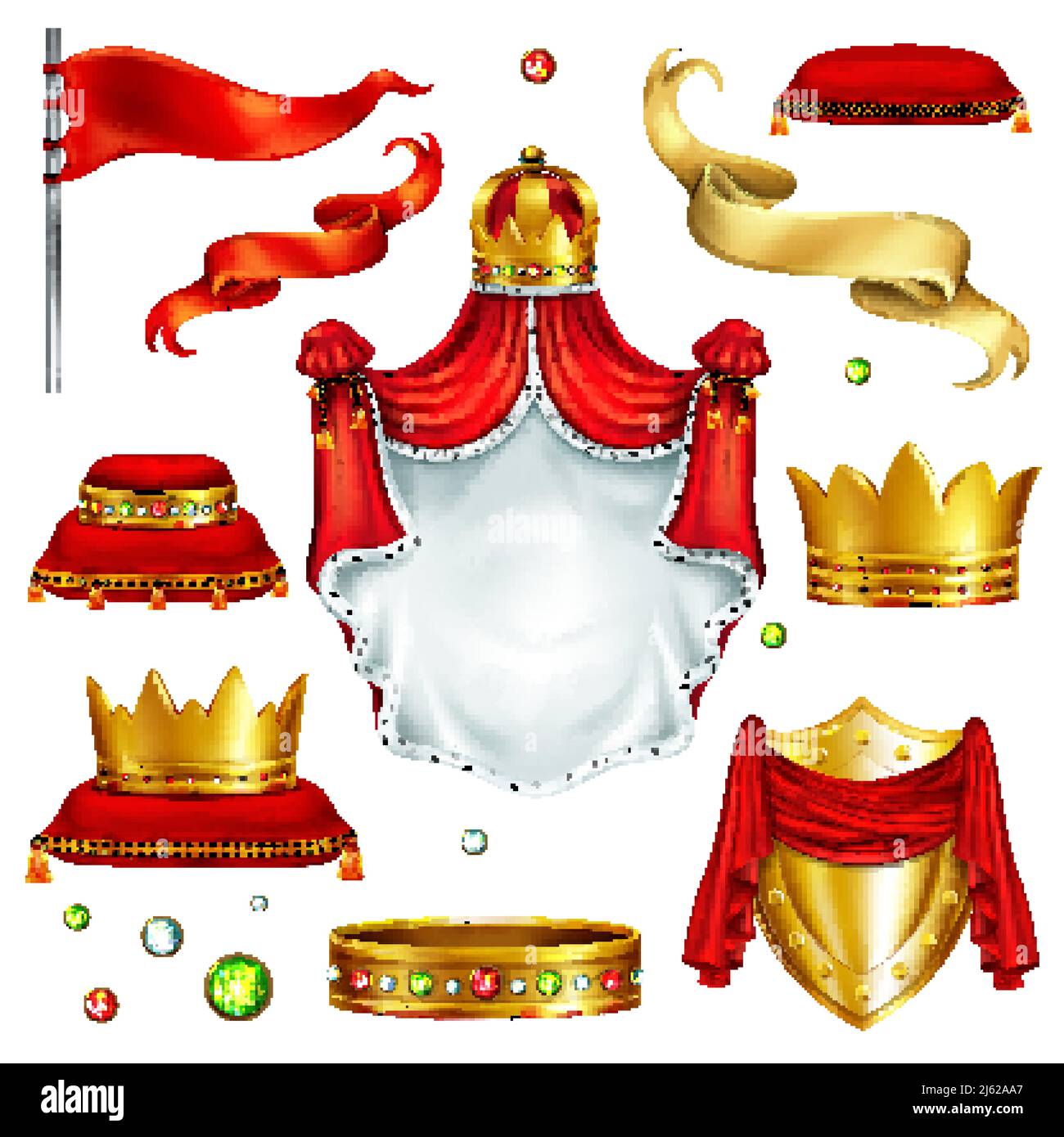 Big set of monarch power symbols and wealth attributes 3d realistic vector isolated on white background. Heraldic emblem, golden crowns with gems, pre Stock Vector