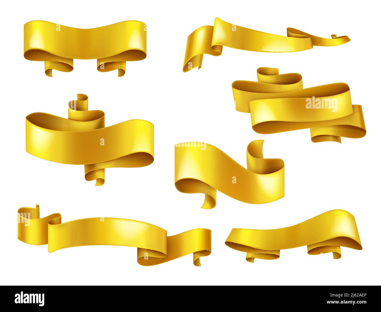 Set of shiny yellow or golden bend ribbons 3d realistic vector isolated ...