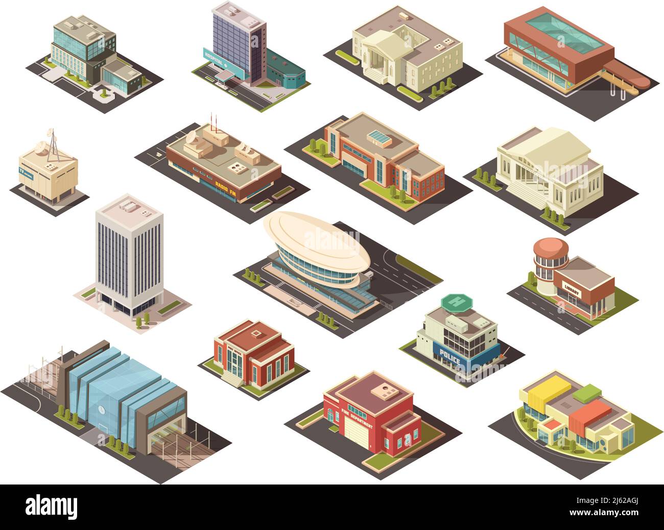 Government building isometric set with state institutions symbols isolated vector illustration Stock Vector