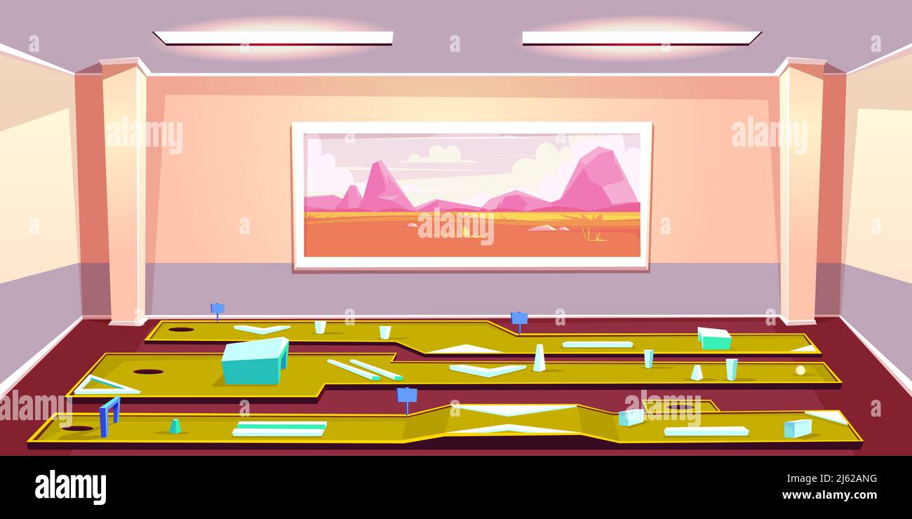 Mini golf indoor club cartoon vector. Various putting lines with obstacles and hole in spacious room illustration. Active sport games, entertainment w Stock Vector