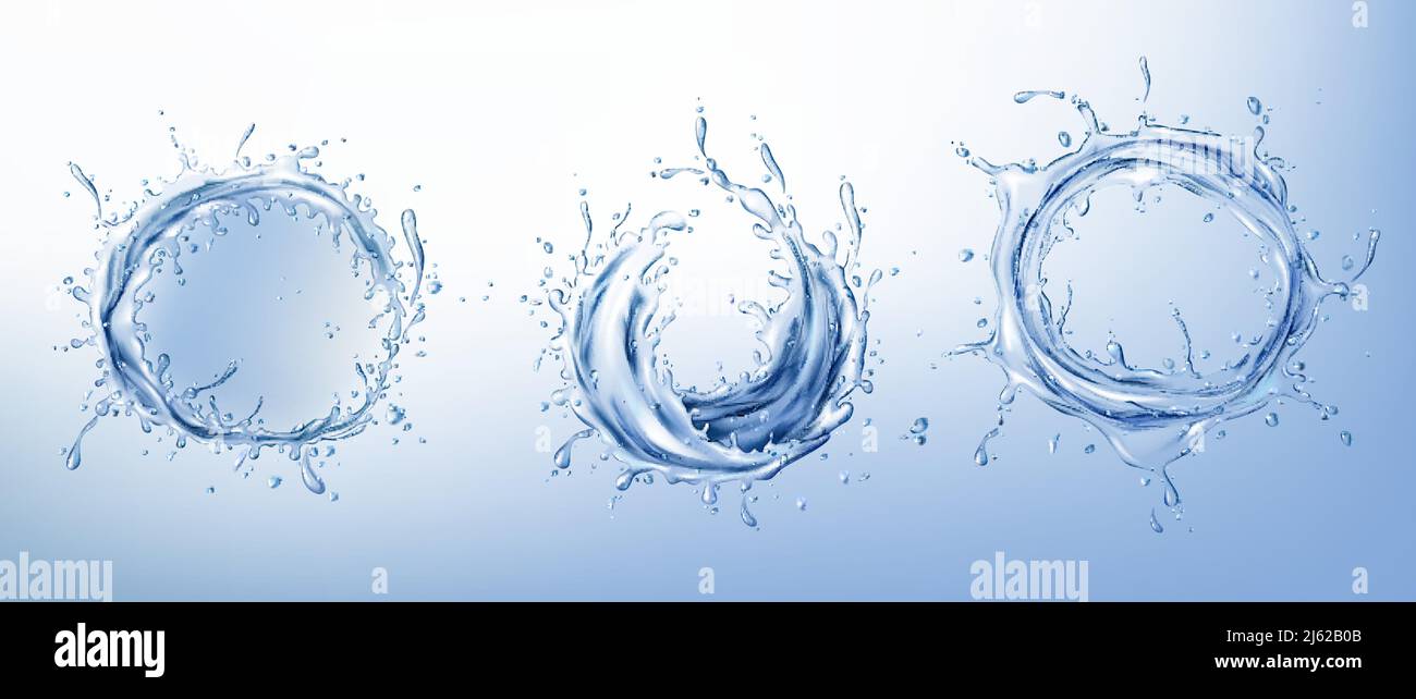 Circle water splashes with drops and bubbles realistic vector set ...
