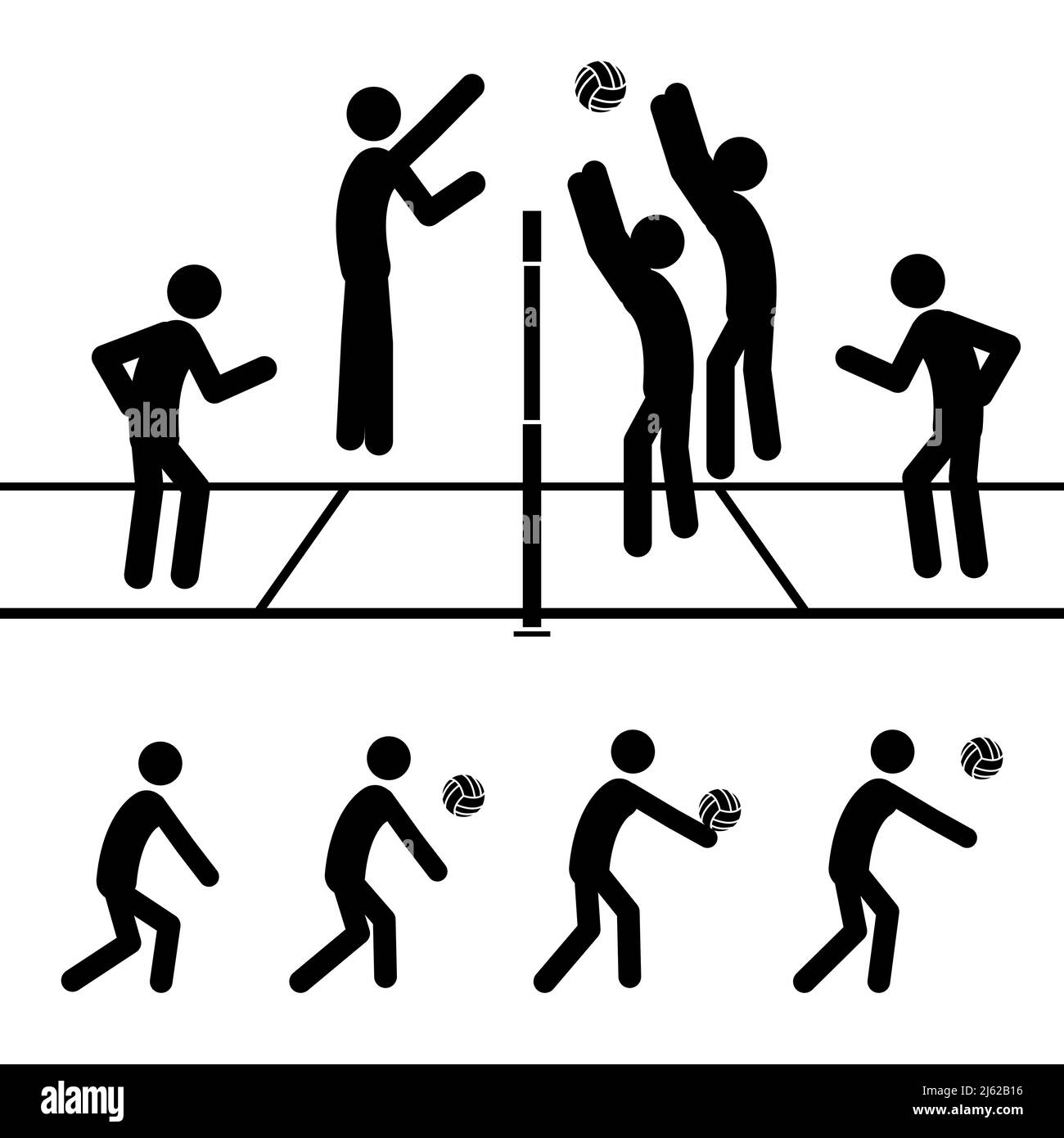 Set of stick figures playing volleyball on a white background. Flat