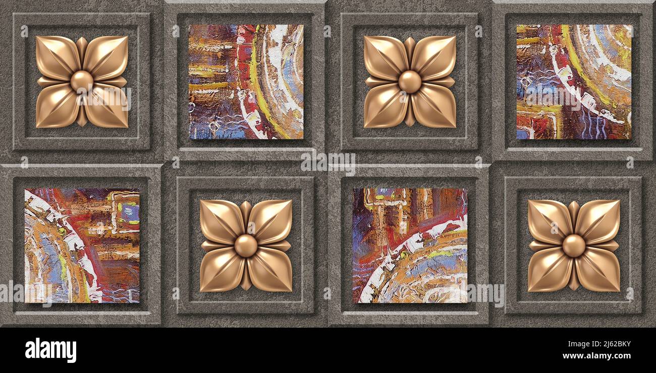 3D marble frame with paint wall tiles design, Print in Ceramic Industries Beautiful set of tiles in traditional style in wall decor design Stock Photo