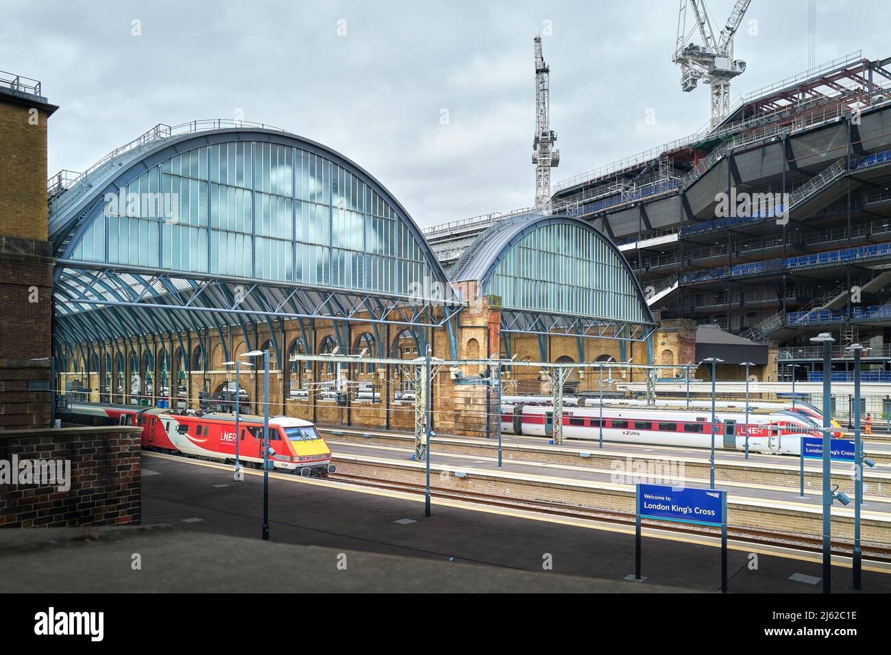 Trains stationary at King's Cross railway station, London, England. Stock Photo
