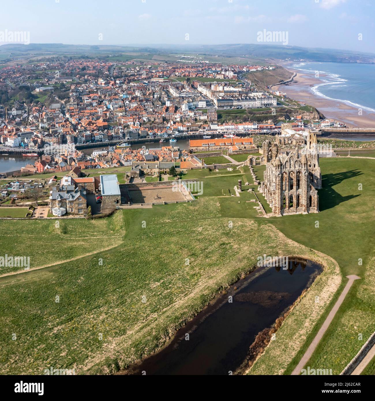 Elevated view of Whitby harbour town and abbey square format Stock Photo
