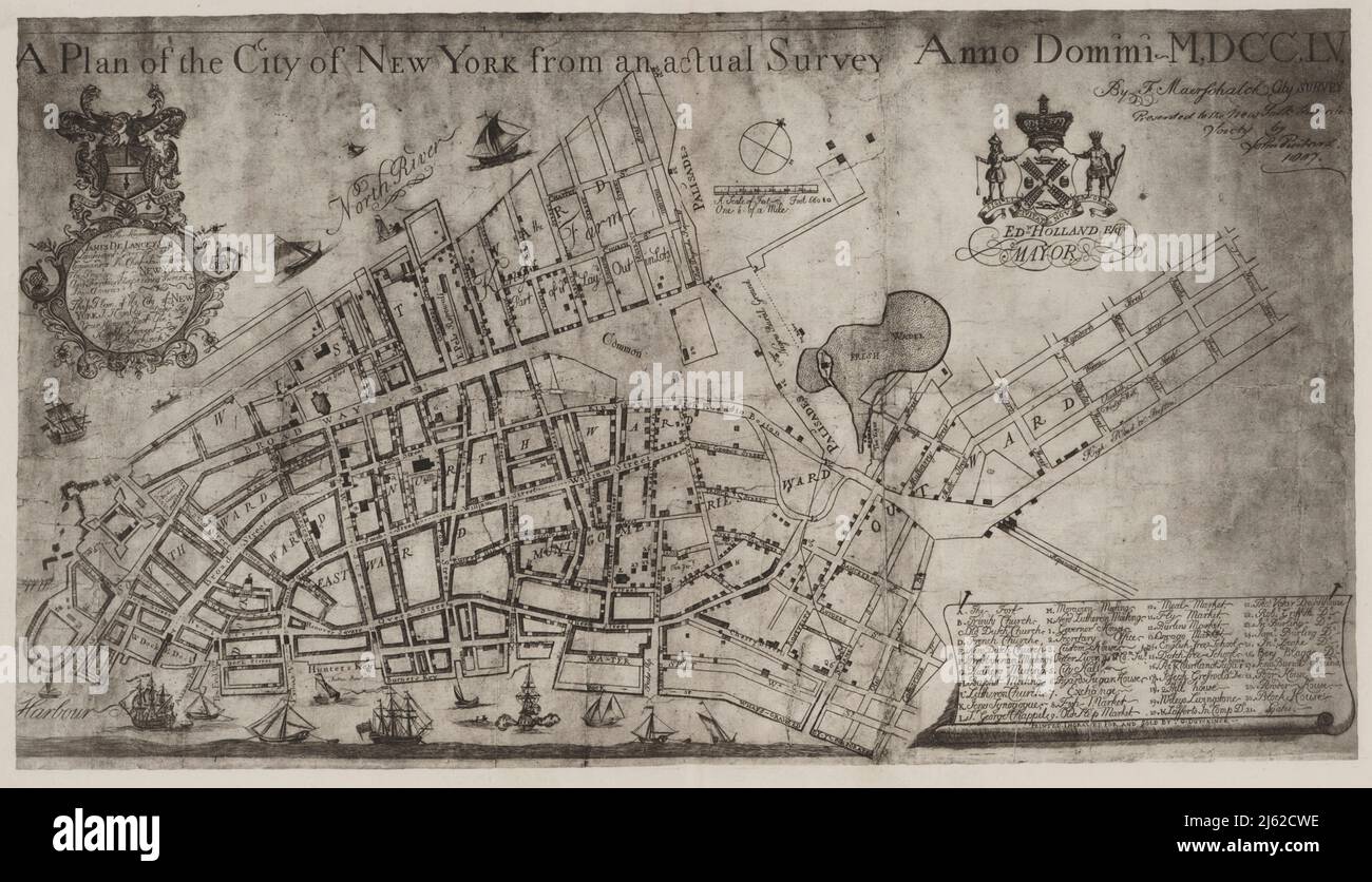 A Plan of the City of New York from an Actual Survey Anno Domini M, DCC, LV [The Maerschalck or Duyckinck Plan] 1754 The period of discovery (1524-1609); the Dutch period (1609-1664). The English period (1664-1763). The Revolutionary period (1763-1783). Period of adjustment and reconstruction; New York as the state and federal capital (1783-1811) from  The iconography of Manhattan Island, 1498-1909 compiled from original sources and illustrated by photo-intaglio reproductions of important maps, plans, views, and documents in public and private collections - Volume 1 by Stokes, I. N. Phelps (Is Stock Photo