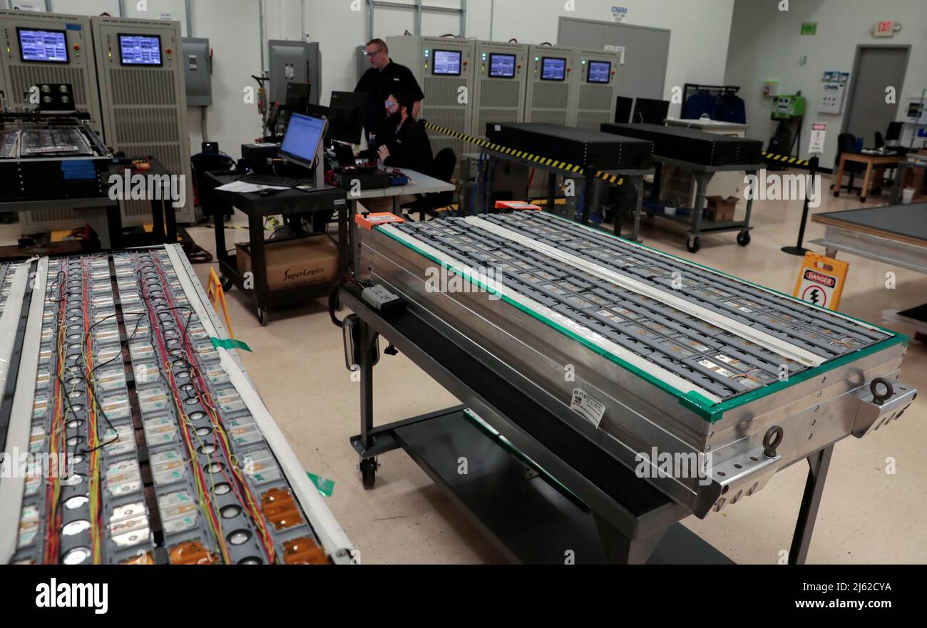 Aries lithium iron phosphate battery packs are seen waiting to undergo testing at Our Next Energy headquarters in Novi, Michigan, U.S., April 25, 2022. Photo taken April 25, 2022. REUTERS/ Rebecca Cook Stock Photo