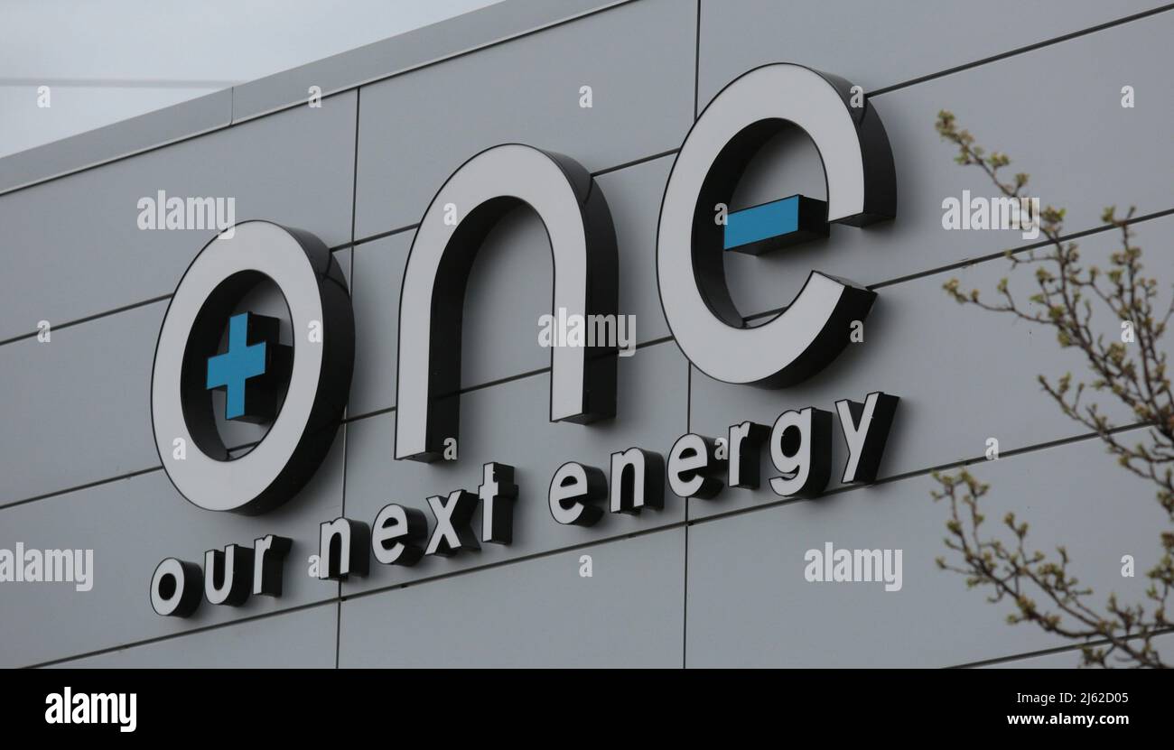 The logo for Our Next Energy (ONE) is seen outside the company's headquarters in Novi, Michigan, U.S., April 25, 2022. Photo taken April 25, 2022. REUTERS/ Rebecca Cook Stock Photo