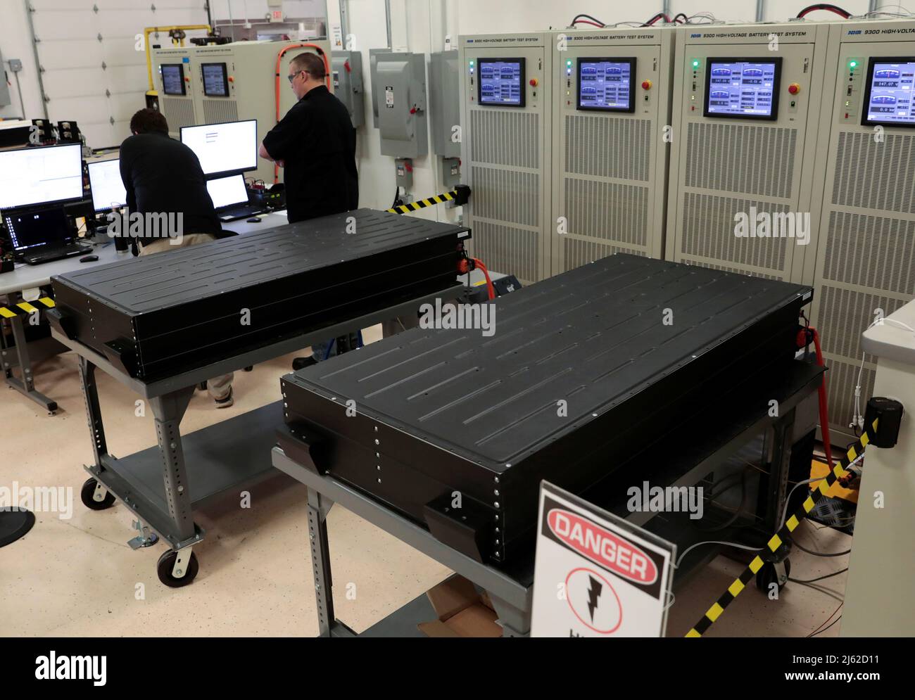 Two Aries lithium iron phosphate battery packs are seen waiting to undergo testing at Our Next Energy headquarters in Novi, Michigan, U.S., April 25, 2022. Photo taken April 25, 2022. REUTERS/ Rebecca Cook Stock Photo