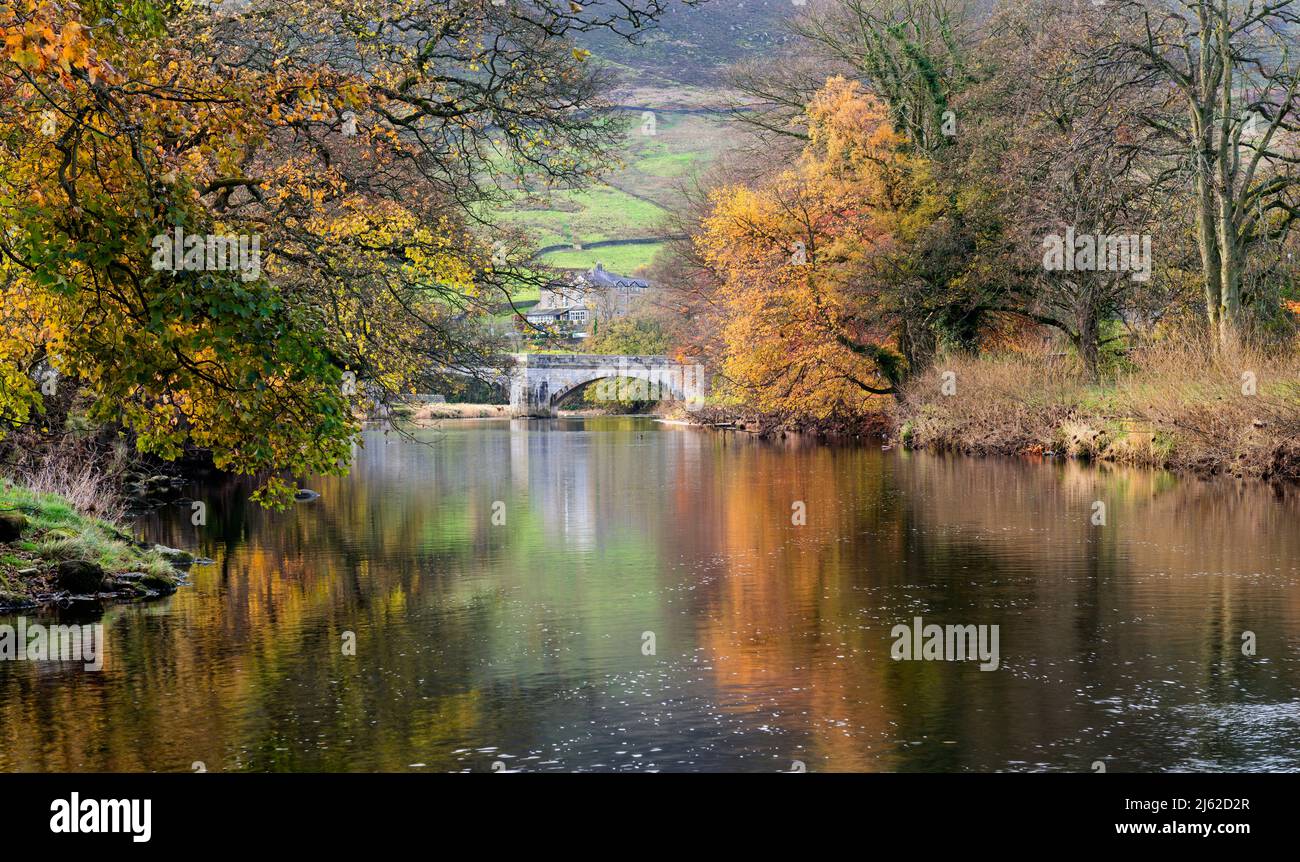 Autumn colour on the trees surrounding the river Wharfe at Burnsall Stock Photo