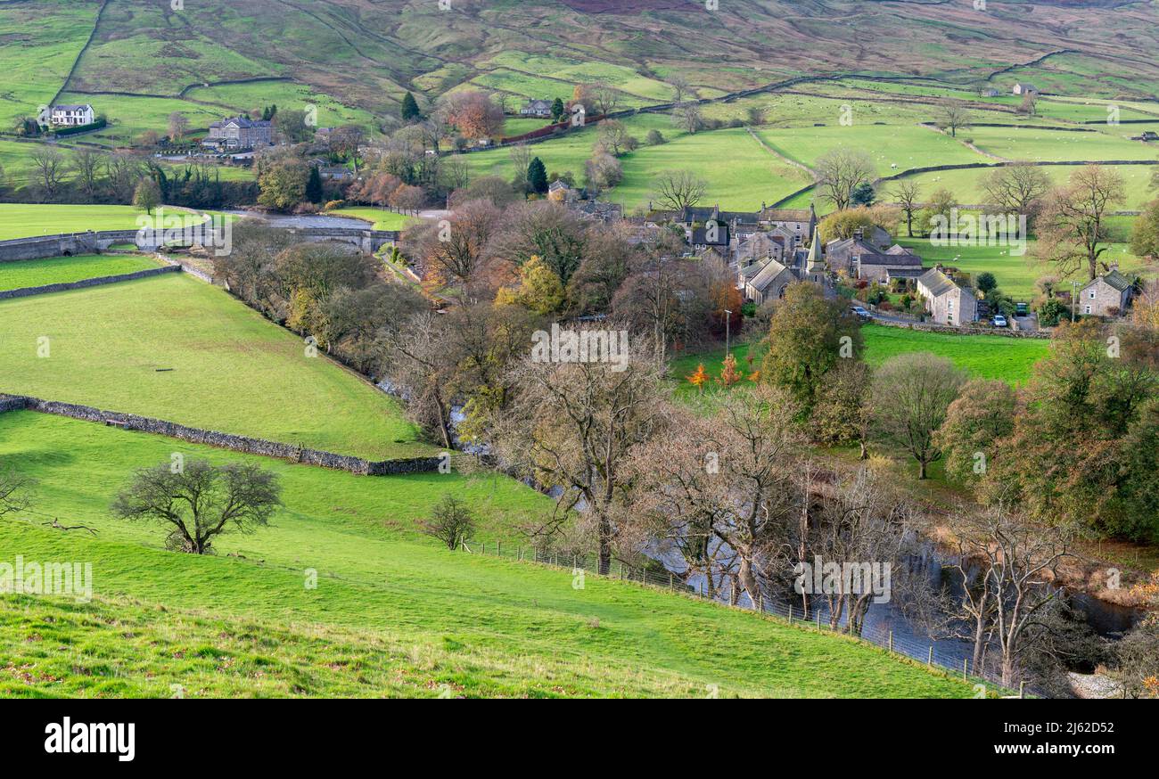 looking down on Burnsall village from Hartlington Raikes road Stock Photo