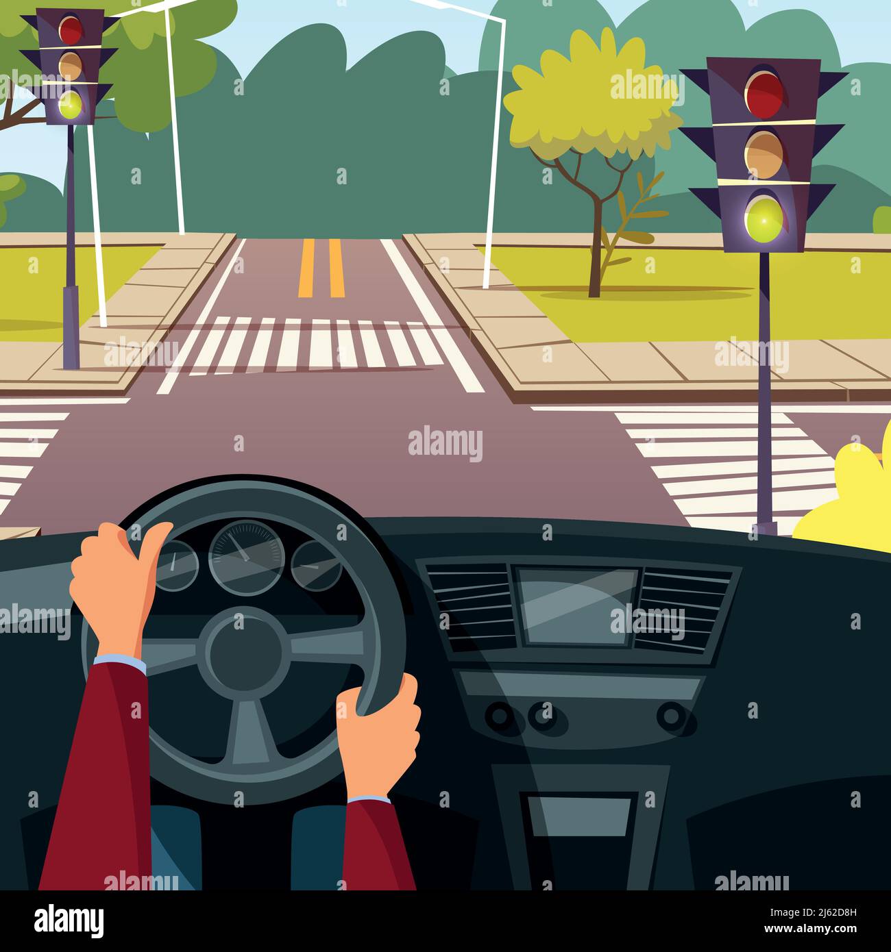 Vector cartoon man hands on car wheel driving vehicle on street