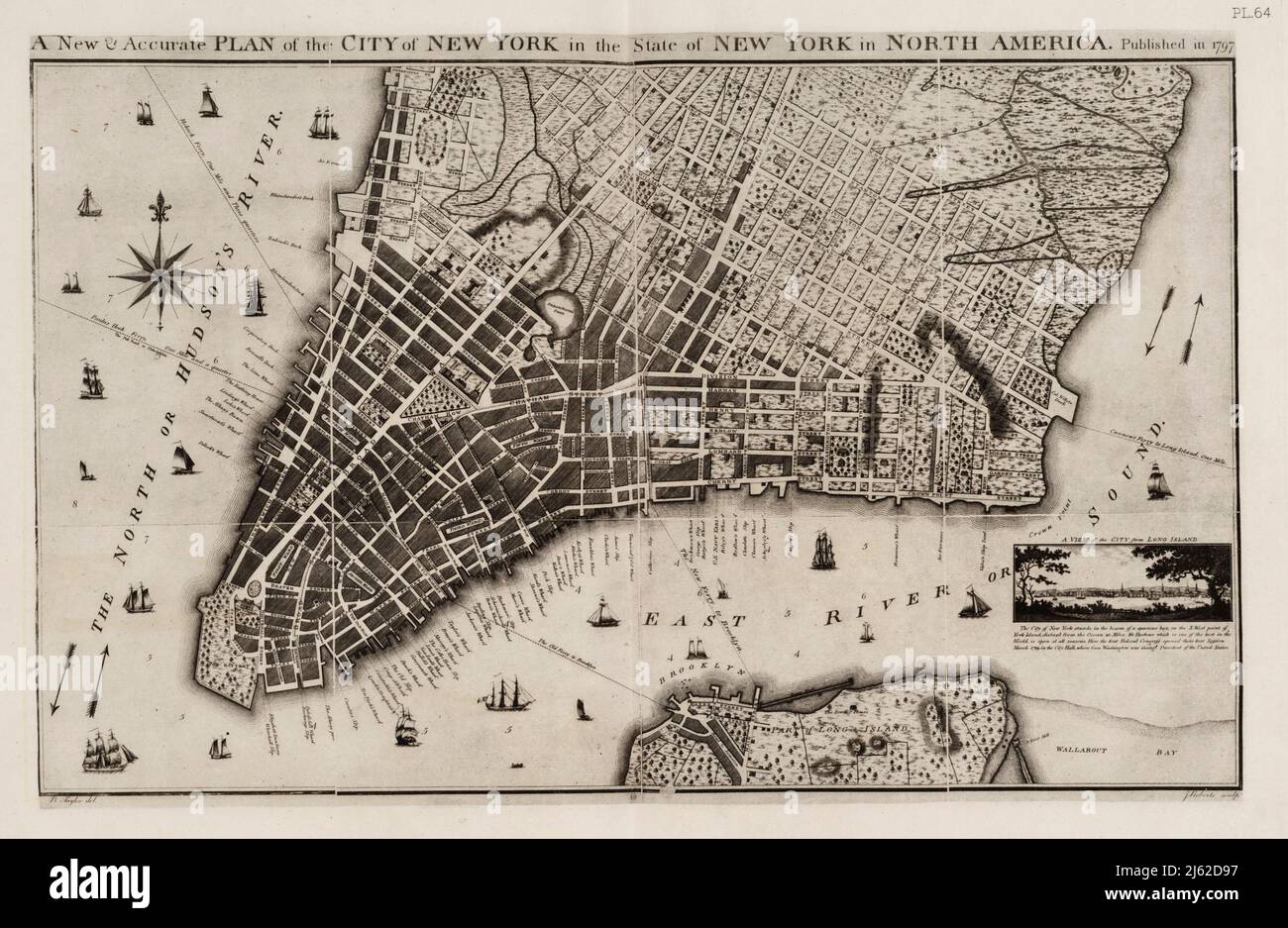 A New & Accurate Plan of the City of New York in the State of New York in Nortrh America Published in 1797 [The Taylor-Roberts Plan] 1796 The period of discovery (1524-1609); the Dutch period (1609-1664). The English period (1664-1763). The Revolutionary period (1763-1783). Period of adjustment and reconstruction; New York as the state and federal capital (1783-1811) from  The iconography of Manhattan Island, 1498-1909 compiled from original sources and illustrated by photo-intaglio reproductions of important maps, plans, views, and documents in public and private collections - Volume 1 by Sto Stock Photo