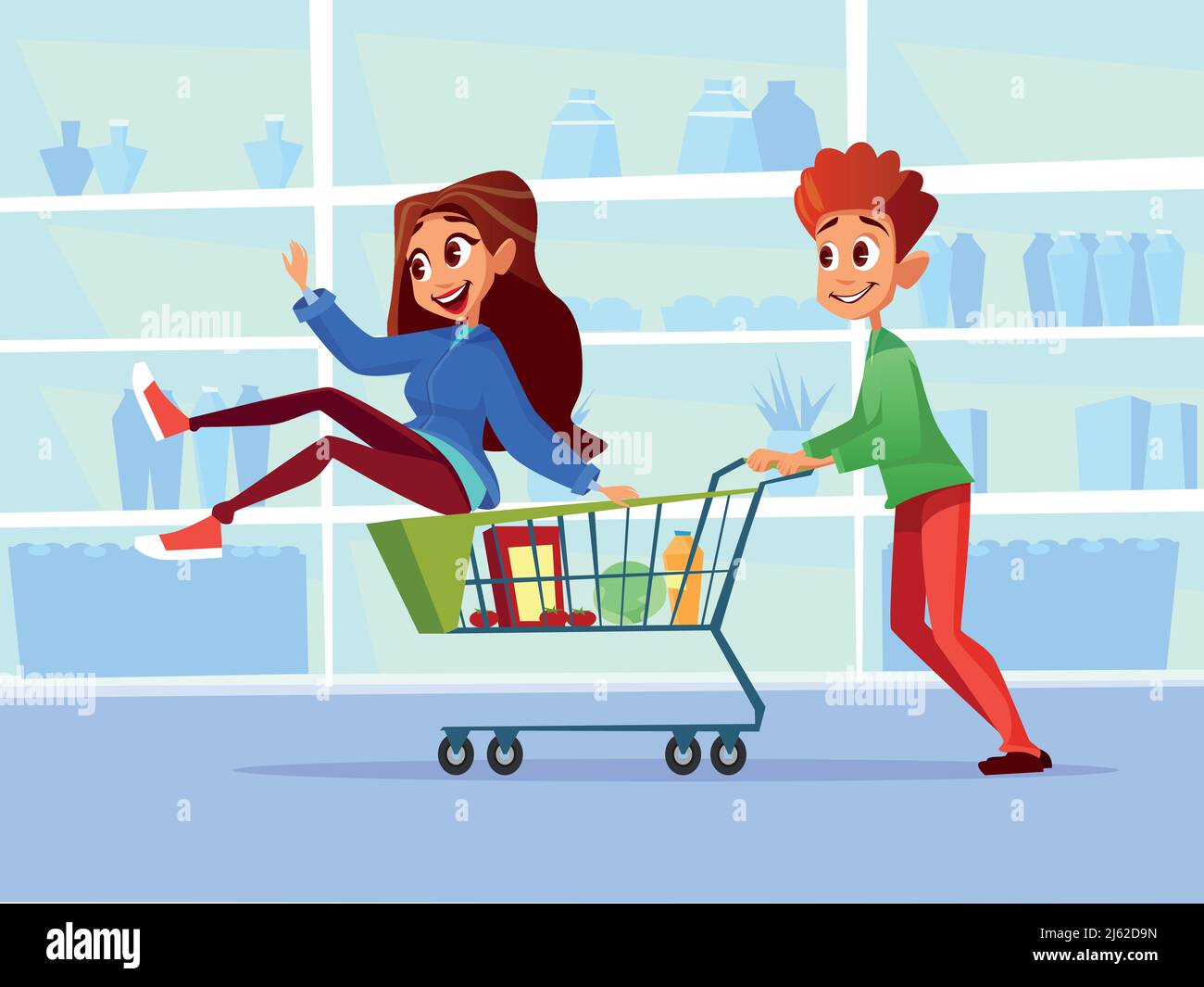 Couple riding supermarket shopping cart vector illustration. Flat cartoon  design of young man and woman or girl and boy ride in grocery shop cart and  Stock Vector Image & Art - Alamy