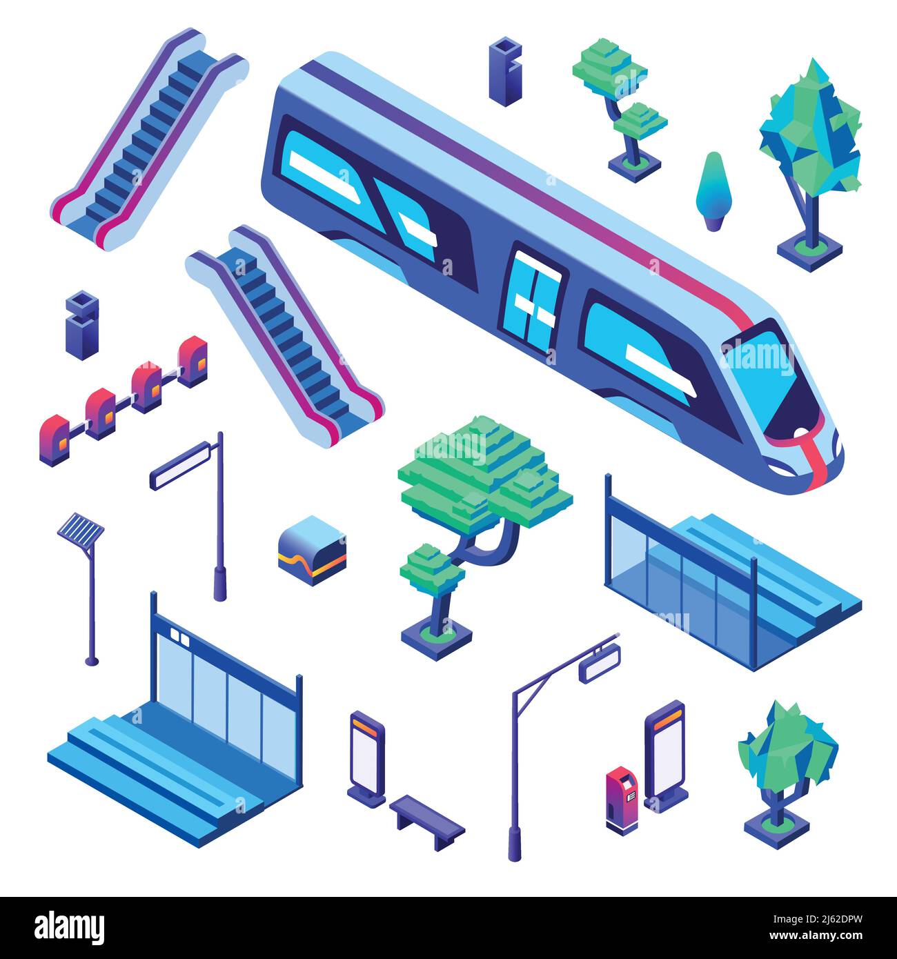 Metro train station vector illustration of isometric isolated icons. Underground or subway railway station elements of passenger platform, escalators Stock Vector