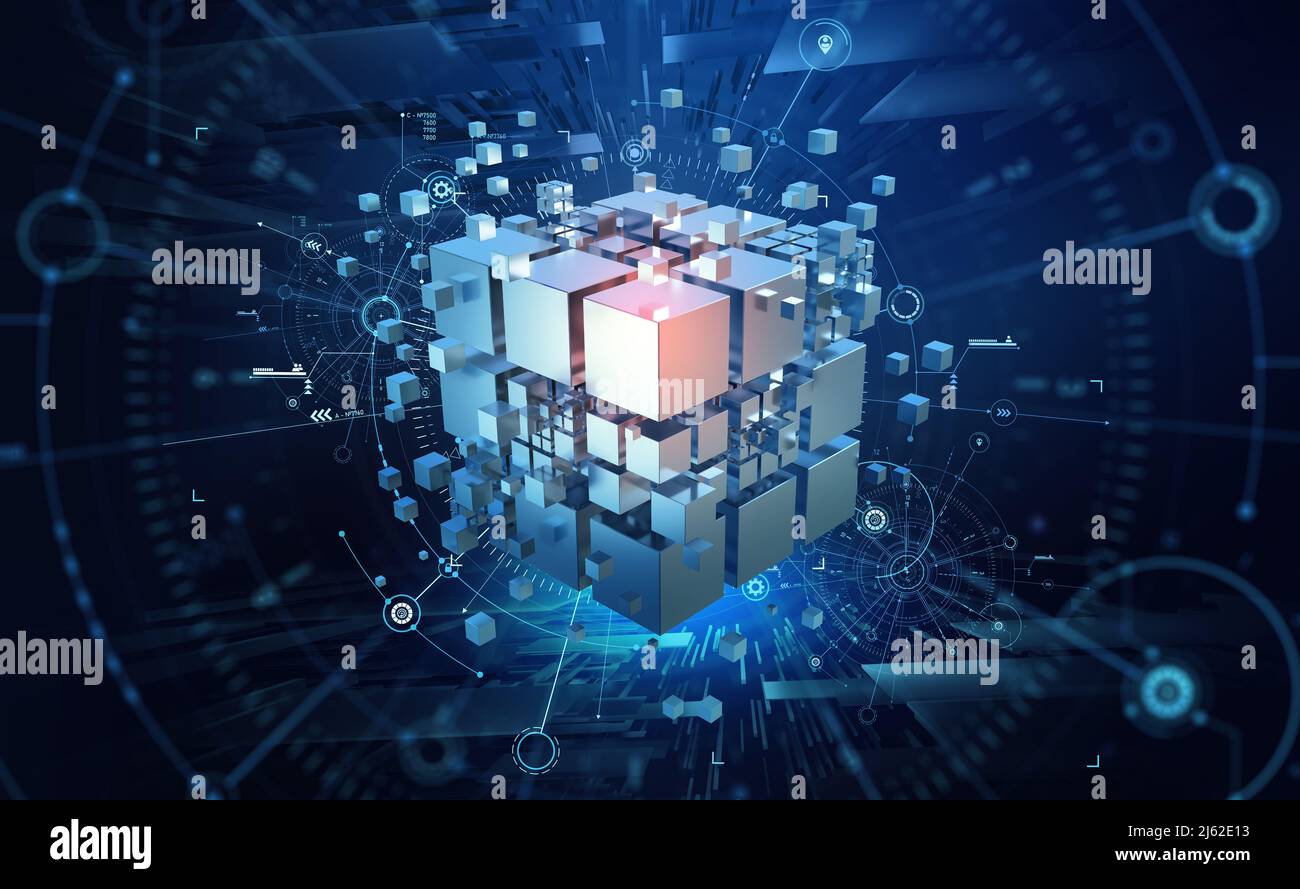 Hi-tech Square blocks are collected in a cubic array against the background of information fields. 3d illustration of blockchain abstract concept Stock Photo