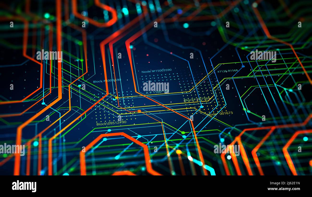 Microcircuit 3D illustration. Circuit, silicon chip. Quantum computer. Motherboard. Cyberspace of high technologies. Information data flow Stock Photo