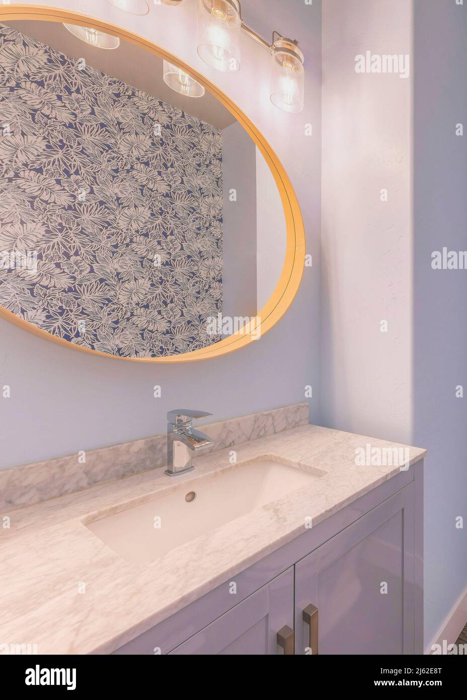 Vertical Powder blue bathroom interior with floral wall paper Stock