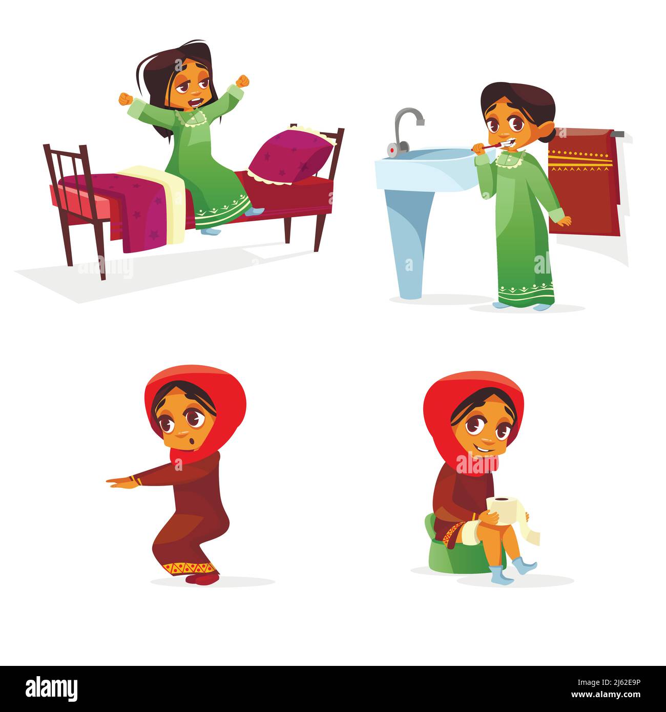 Vector cartoon arab girl morning routine activiti set. Female muslim khaliji characters hijab wake up stretch, brushing teeth doing squat gymnastics t Stock Vector