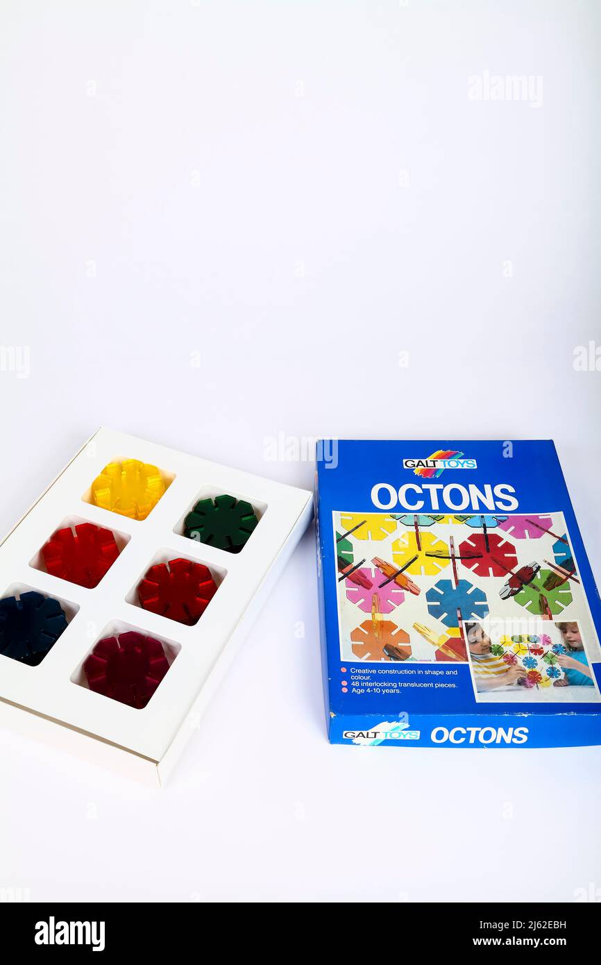 Old Galt Toys Octons construction toy where translucent coloured plastic octangles are used to make an abstract creative shape Stock Photo