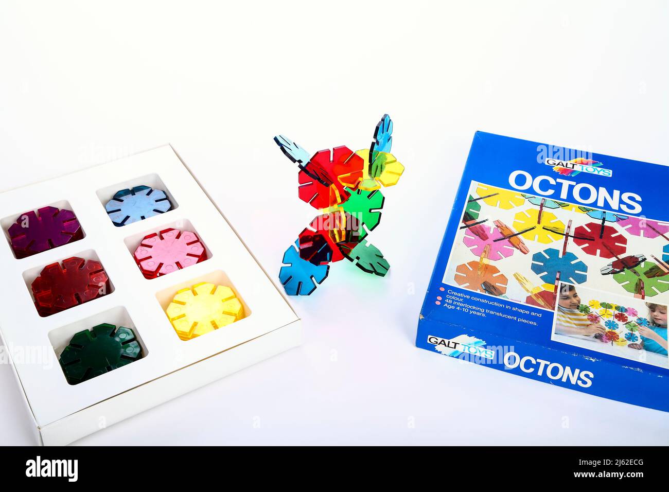 Old Galt Toys Octons construction toy where translucent coloured plastic octangles are used to make an abstract creative shape Stock Photo
