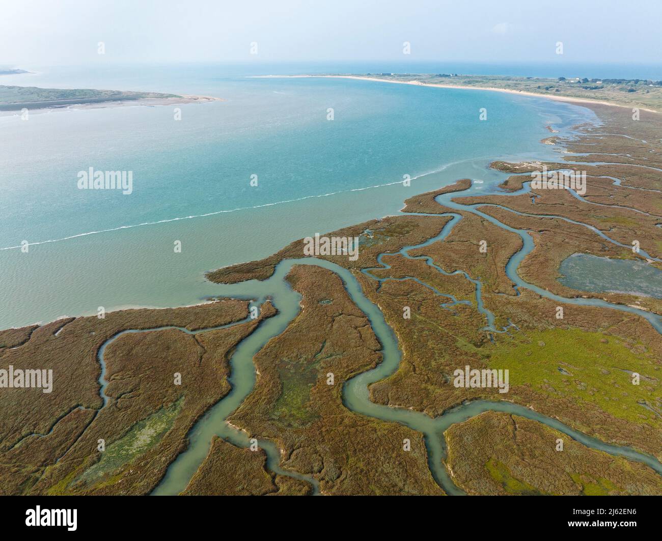 Salt marsh in Havre de St Germain sur Ay bay at high tide, spring, aerial view, Normandy France Stock Photo