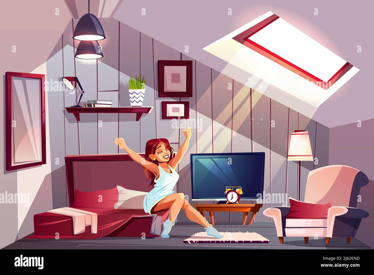 Healthy sleep cartoon vector concept with happy smiling woman in nightie, sitting on bed and stretching after waking up at morning illustration. Comfo Stock Vector