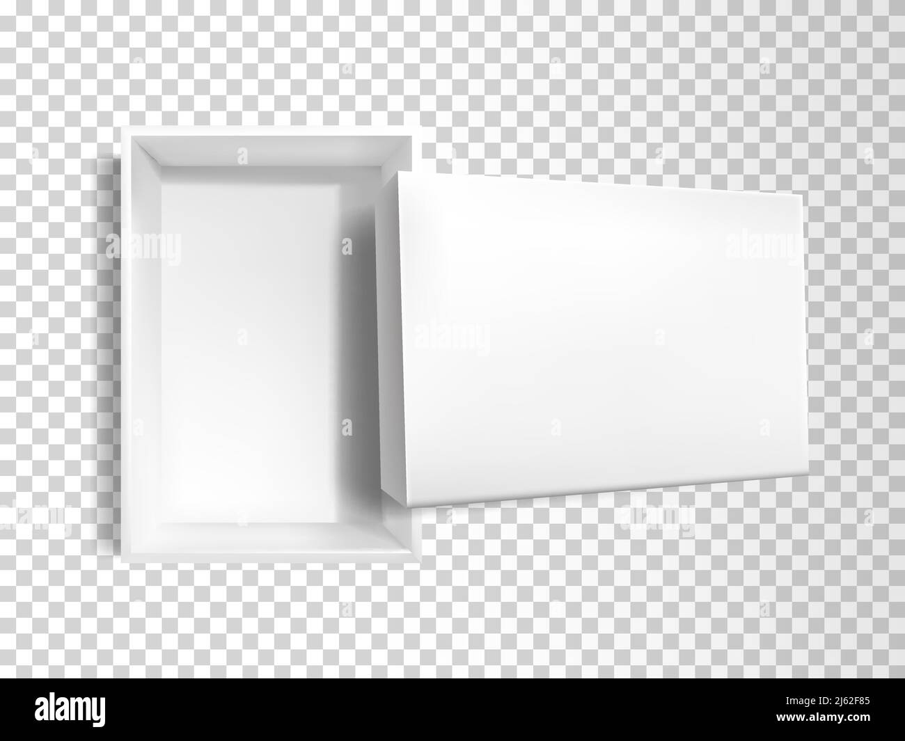 Vector 3d realistic white empty paper box with lid isolated on transparent background. Plastic rectangular container, top view. Mock-up for merchandis Stock Vector