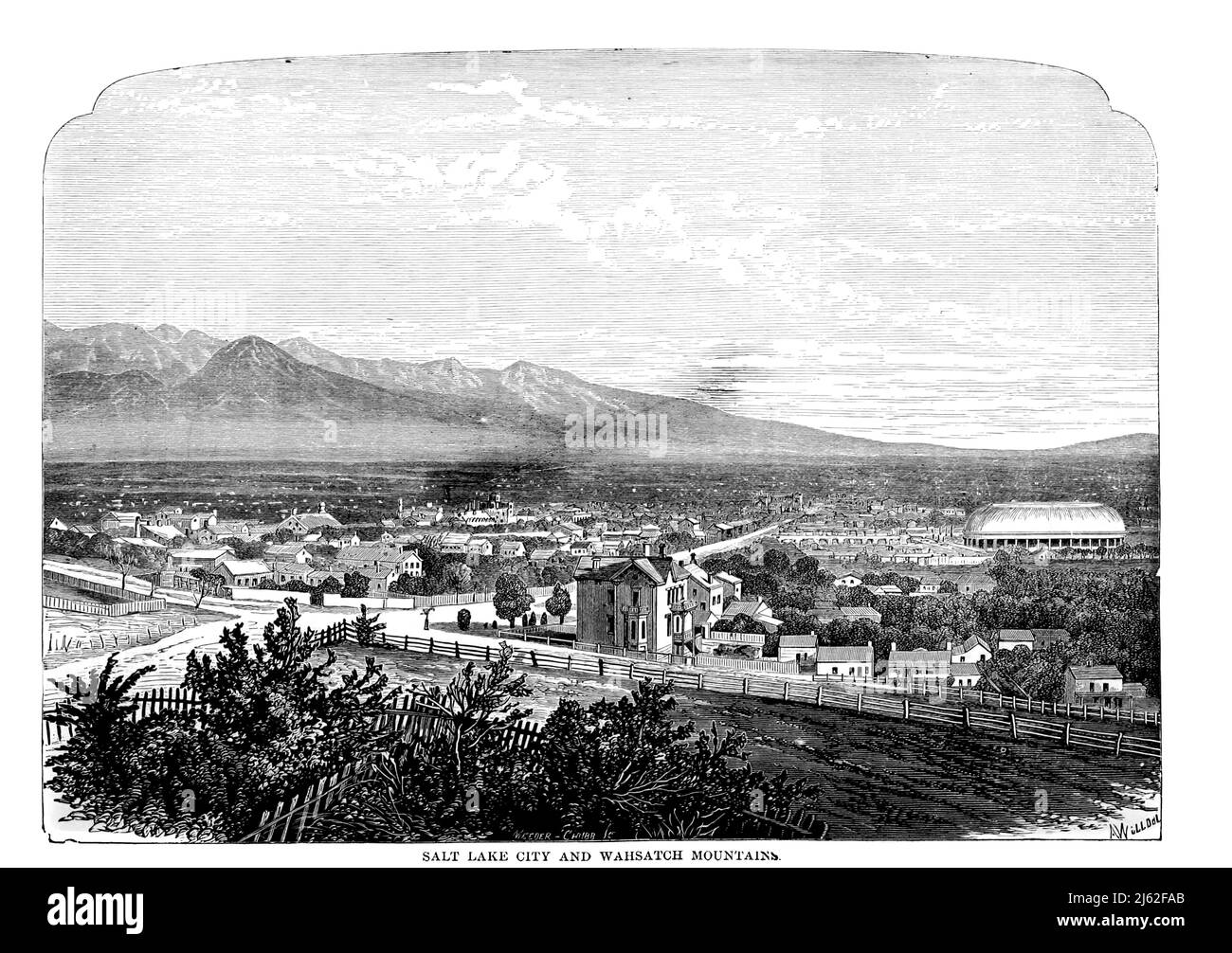 Salt Lake City and Wahsatch Mountains from the book The Pacific tourist : Adams & Bishop's illustrated trans-continental guide of travel, from the Atlantic to the Pacific Ocean : containing full descriptions of railroad routes across the continent, all pleasure resorts and places of most noted scenery in the Far West, also of all cities, towns, villages, U.S. forts, springs, lakes, mountains, routes of summer travel, best localities for hunting, fishing, sporting, and enjoyment, with all needful information for the pleasure traveler, miner, settler, or business man : a complete traveler's guid Stock Photo
