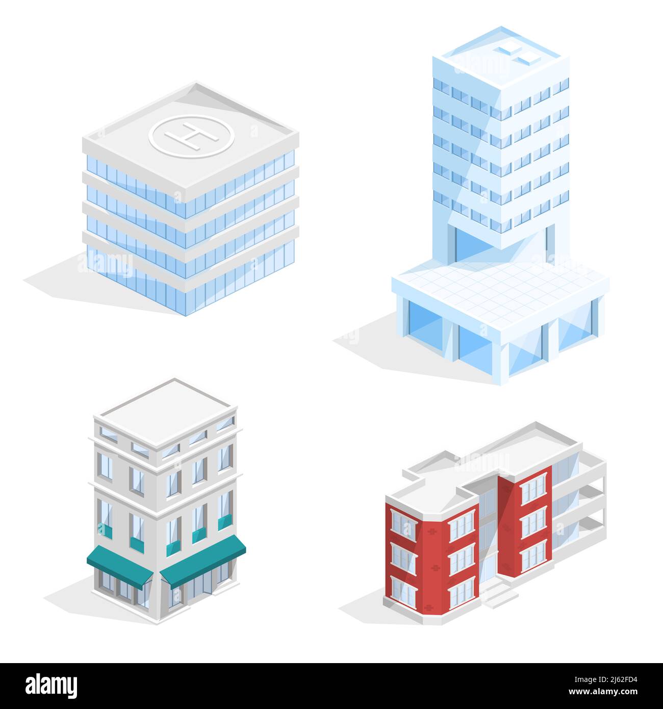 City buildings vector illustration of isometric residential houses and business center offices, houses with balcony and helicopter platform or helipad Stock Vector