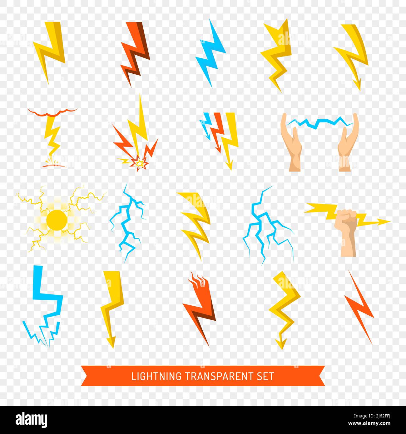 Flat set of bright colorful lightnings and fireball isolated on ...