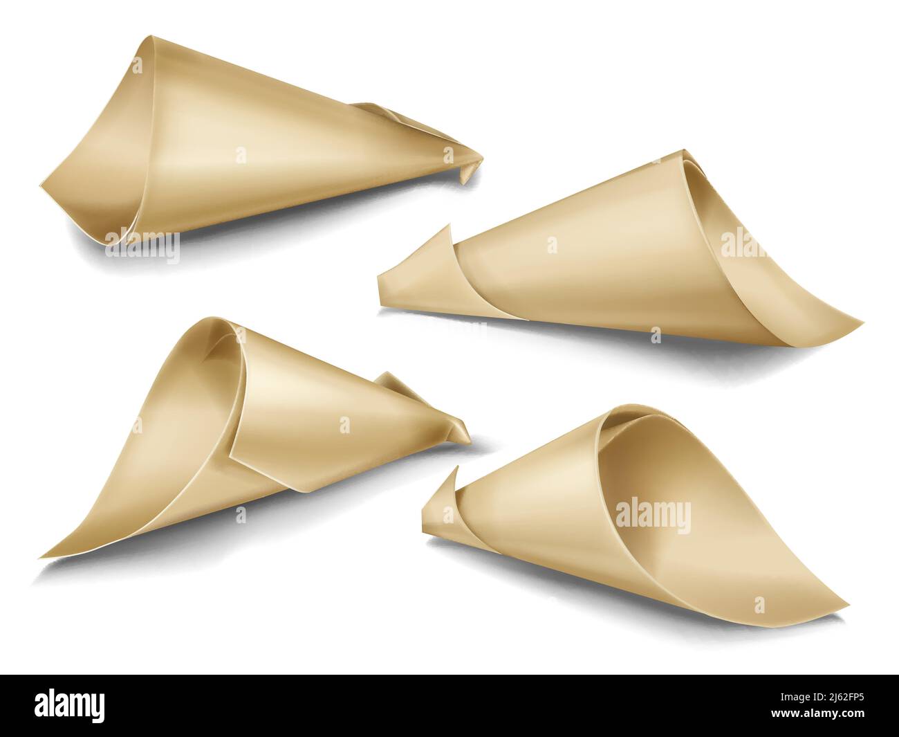 Vector realistic set of paper cone bags. Hand made packaging for snacks, street food, gifts and souvenirs, flowers and festive confetti twisted from k Stock Vector