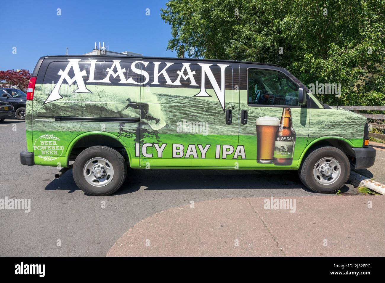 Alaskan Beer Van With An Advertising Wrap For Icy Bay IPA Beer Alaskan Brand Is A Local Alaska Beer Brand Stock Photo