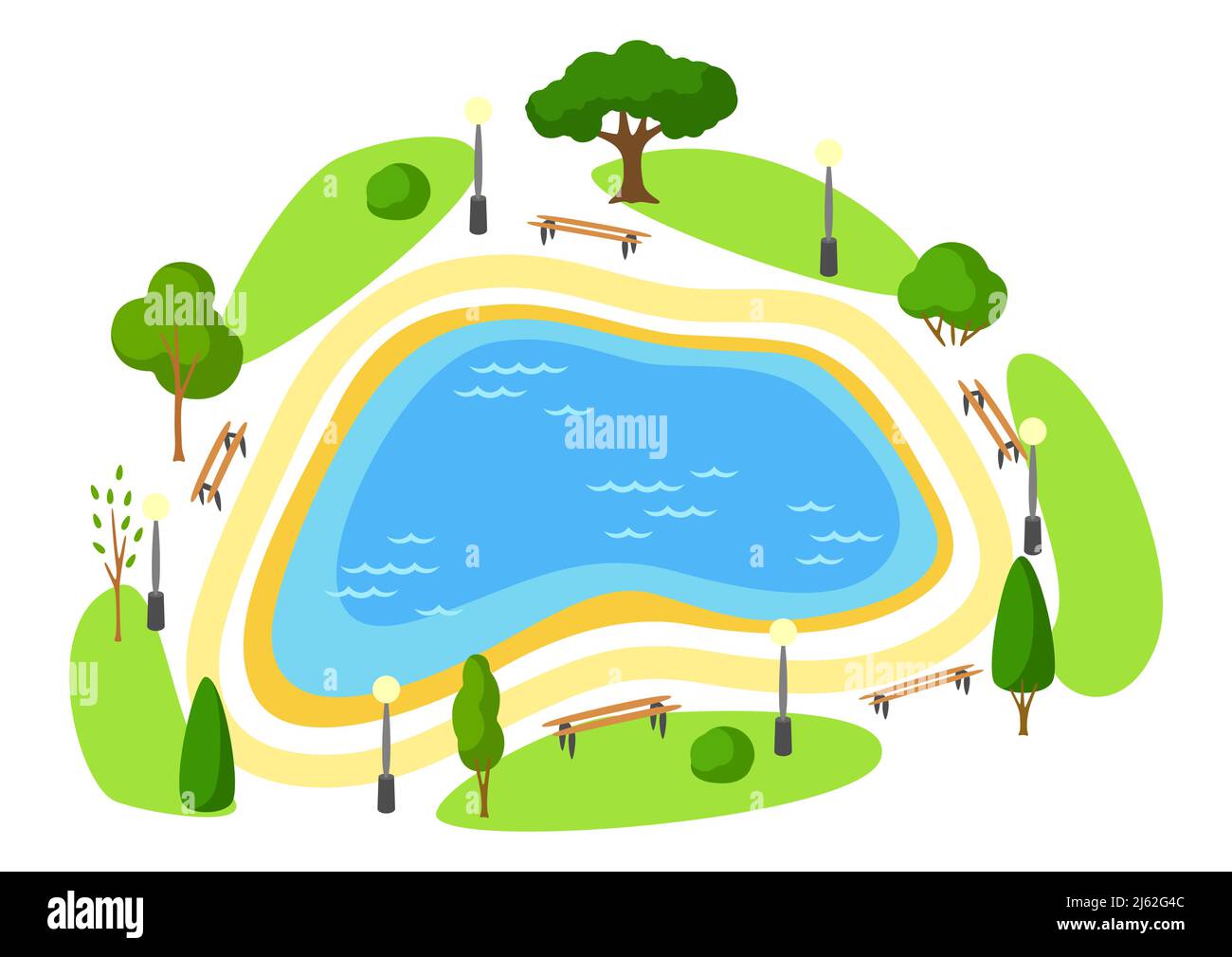 Illustration of beautiful summer or spring city park. Urban public space with lake, lawn and trees for walking and relaxing. Stock Vector