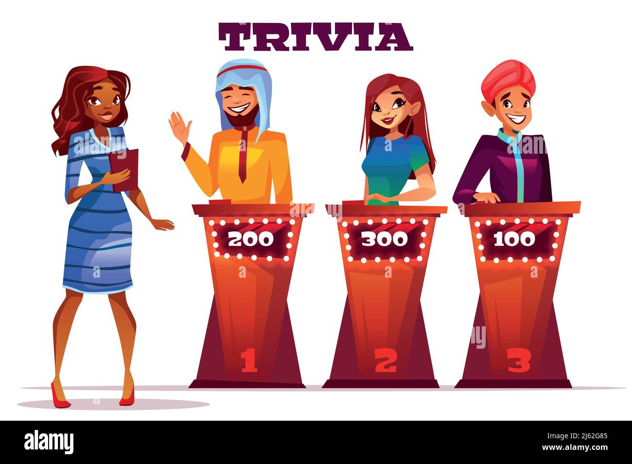 Quiz trivia game show vector illustration. Black Afro American woman ...