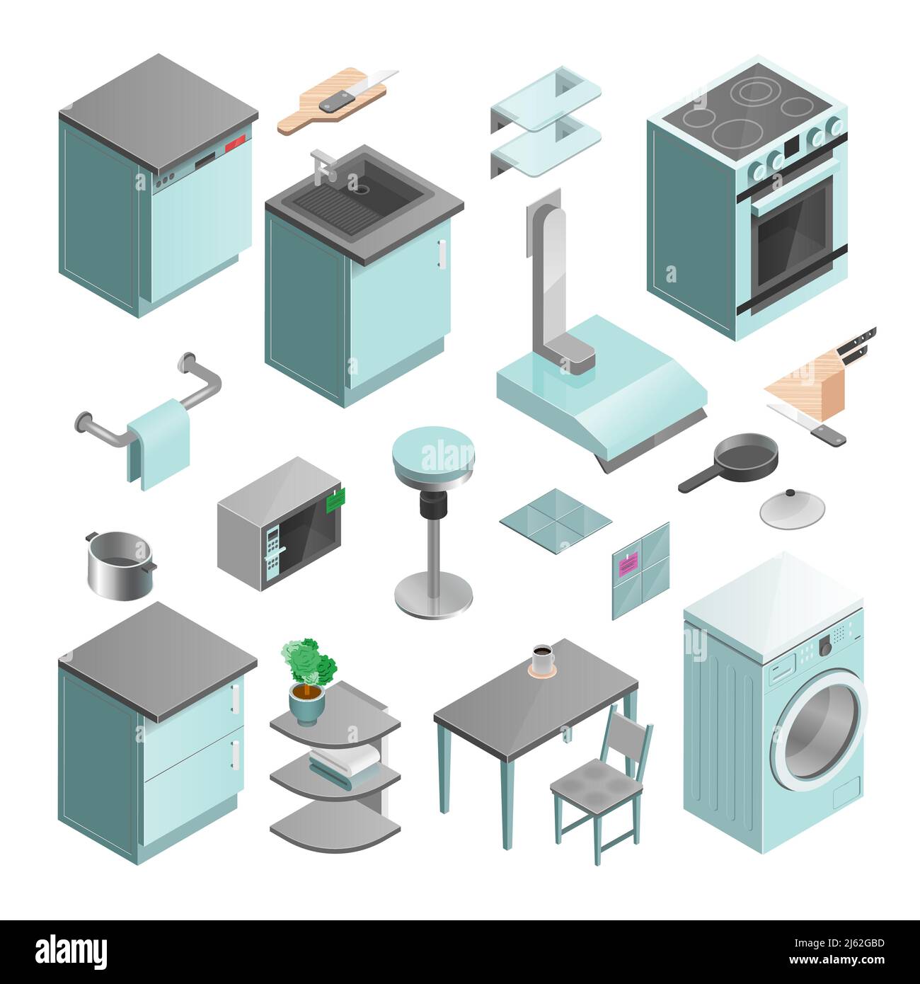 Kitchen interior isometric icons set of colorful domestic elements in ...