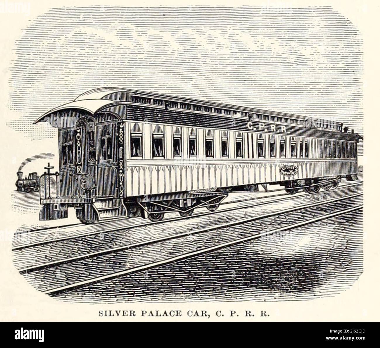 Silver Palace Car C. P. R. R. from the book The Pacific tourist : Adams & Bishop's illustrated trans-continental guide of travel, from the Atlantic to the Pacific Ocean : containing full descriptions of railroad routes across the continent, all pleasure resorts and places of most noted scenery in the Far West, also of all cities, towns, villages, U.S. forts, springs, lakes, mountains, routes of summer travel, best localities for hunting, fishing, sporting, and enjoyment, with all needful information for the pleasure traveler, miner, settler, or business man : a complete traveler's guide of the Stock Photo