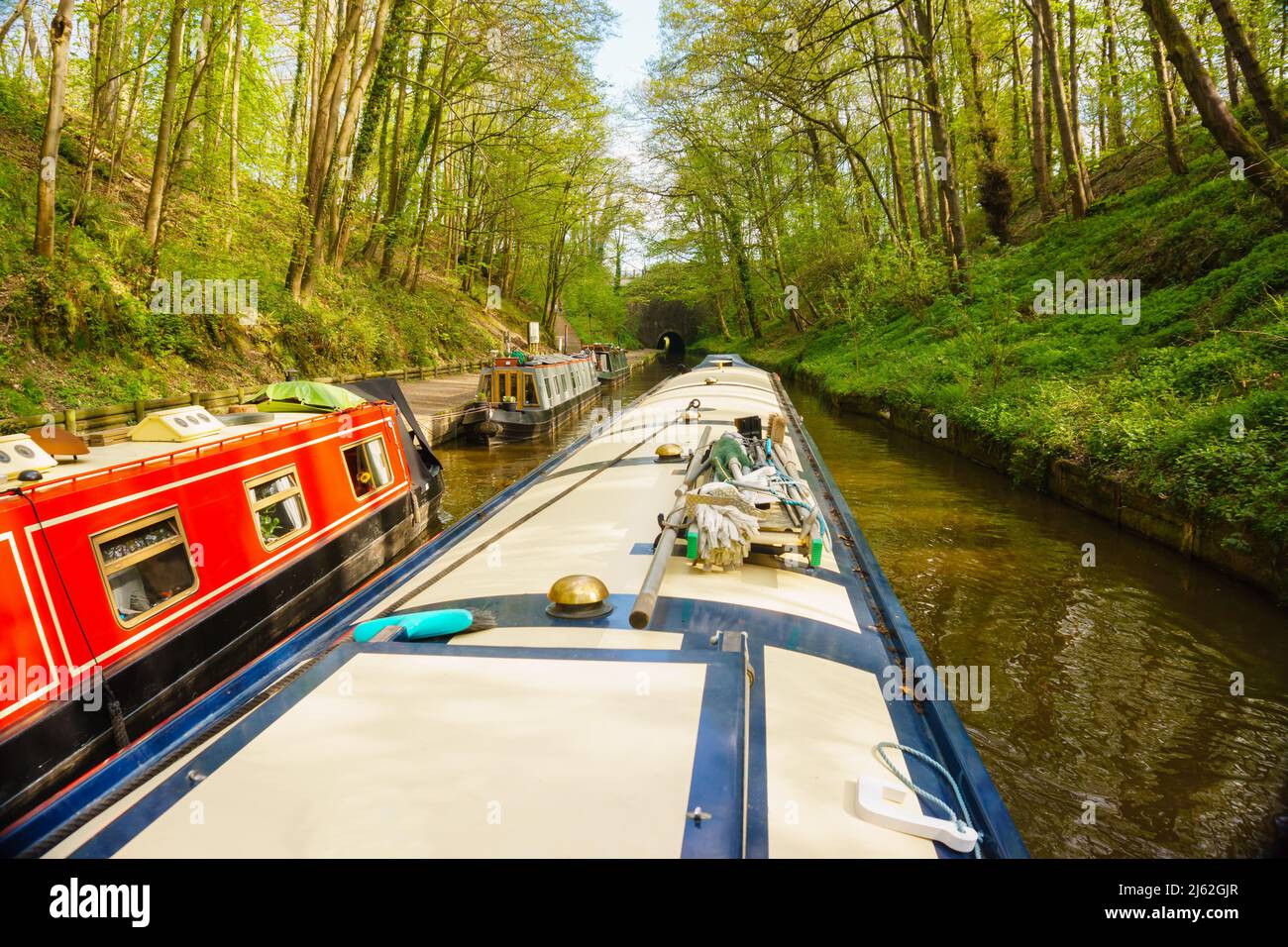 Onboard a narrowboat approaching a tunnel on the Llangollen canal near Chirk North Wales an idyllic vacation getaway Stock Photo