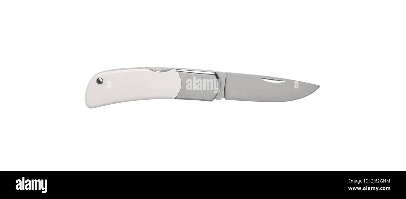 Folding knife with white ivory handle. Luxury pocket knife. Isolate on