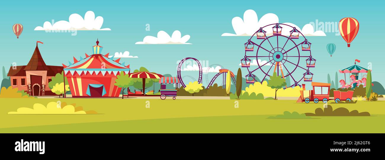 Amusement park vector illustration of cartoon attraction rides and ...