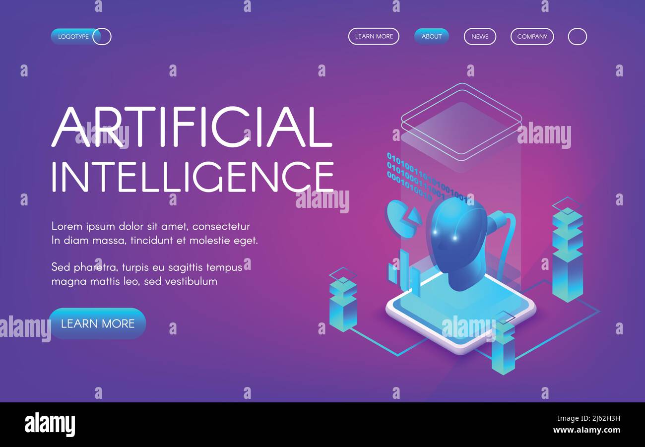 Artificial intelligence vector illustration of future innovation technology. Digital human brain or android robot head with mind connected to computer Stock Vector