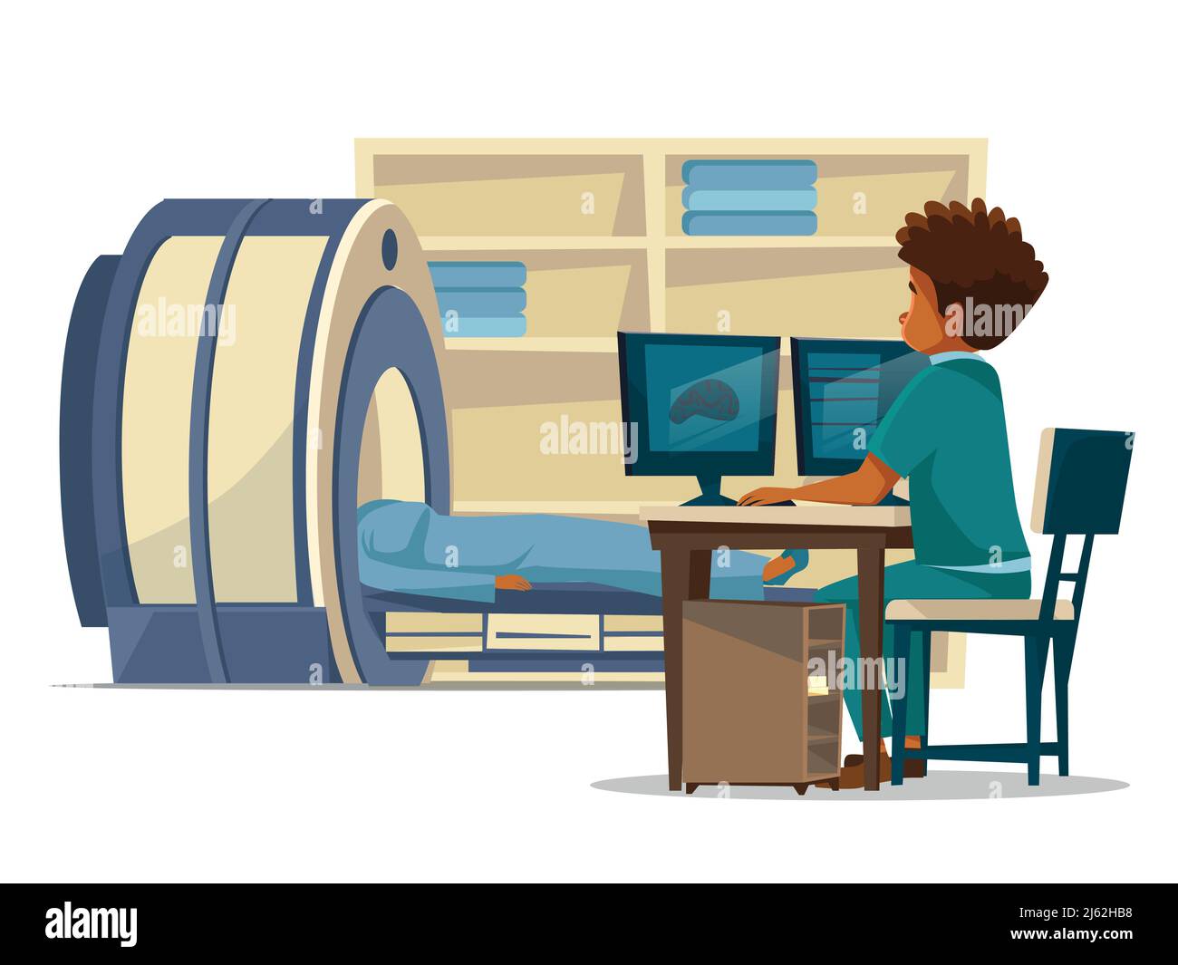 Brain MRI hospital vector cartoon illustration of doctor and patient on medical examination. Flat design of doctor sitting at computer monitor and pat Stock Vector
